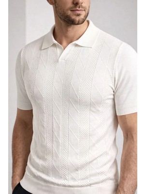 MiraLive Erkek Yazlık Triko Dokuma Tişört Kısa Kol Polo Yaka T-Shirt - Beyaz
