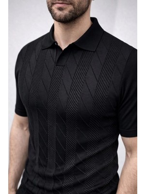 MiraLive Erkek Yazlık Triko Dokuma Tişört Kısa Kol Polo Yaka T-Shirt - Siyah