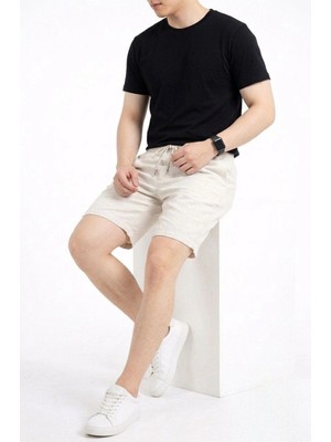 MiraLive Erkek Keten Kumaş Cepli Rahat Kesim Bel Lastikli Şort - Beyaz