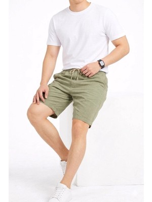 MiraLive Erkek Keten Kumaş Cepli Rahat Kesim Bel Lastikli Şort - Mint Yeşili