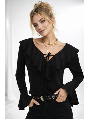 ribana Kadın V Yaka Fırfır Detaylı Uzun Kollu Crop Trend Bluz 979