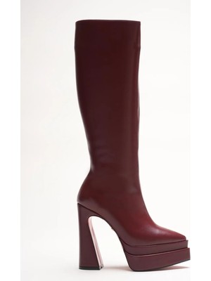 Ayakkabı Ateşi Kadın Çift Platform Sivri Burun Yüksek Topuklu Çizme Jolly Bordo Cilt