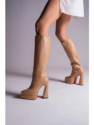Ayakkabı Ateşi Kadın Çift Platform Sivri Burun Yüksek Topuklu Çizme Jolly Nude Cilt