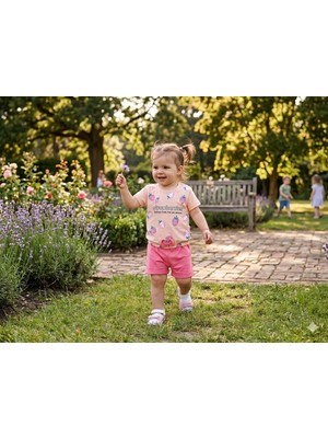 Minitix Kız Çocuk Baskılı Pembe Şort T-Shirt Takım