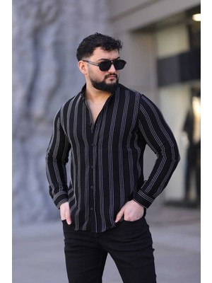 L-KOM Regular Çizgili Erkek Gömlek %100 Pamuk Rahat Kesim