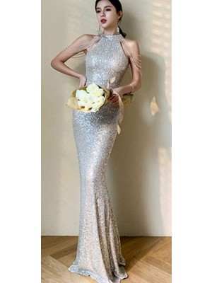 Hanife Glam Couture Hanife Glam Halter Yaka Boncuk Işlemeli Pulpayet Elbise