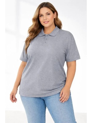 Ru Collective Pike Kumaş Düğmeli Yaka Battal Büyük Beden Günlük Kısa Kol Tişört T-Shirt - Gri