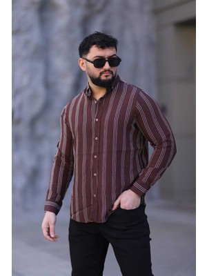 L-KOM Regular Çizgili Erkek Gömlek %100 Pamuk Rahat Kesim