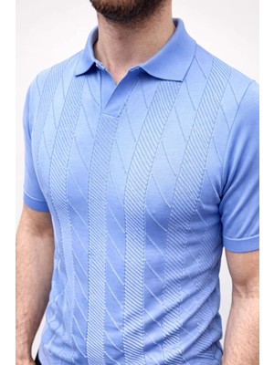 MiraLive Erkek Yazlık Triko Dokuma Tişört Kısa Kol Polo Yaka T-Shirt - Bebek Mavisi