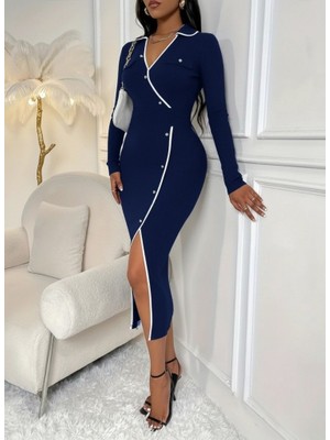 Ru Collective Kadın Uzun Kollu Yakalı Cepli Düğmeli Yırtmaç Detaylı Modal Uzun Elbise