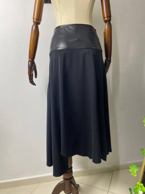 ANS Deri Garnili Asimetrik Kesim Yırtmaçlı Midi Etek