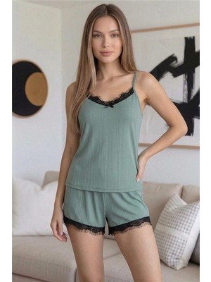 Yeşil Pegasus Dantel Detaylı Ip Askı Şortlu Örme Pijama Takımı