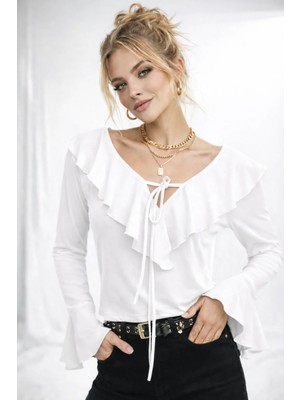 ribana Kadın V Yaka Fırfır Detaylı Uzun Kollu Crop Trend Bluz 979