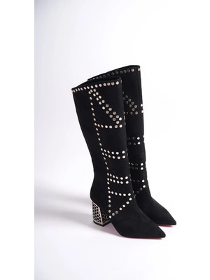 Ayakkabı Ateşi Siyah Süet Özel Tasarım Trok Detaylı Kadın Çizme Alçak Topuklu Ayakkabı Lotus