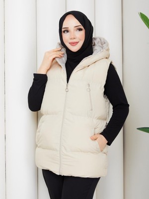 Comstar Kadın Fermuarlı Cepli Kapşonlu Krem Şişme Yelek