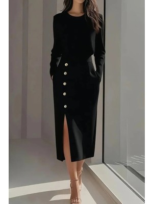 Ru Collective Kadın Uzun Kollu Bisiklet Yakalı Yandan Yırtmaçlı Düğmeli Midi Ithal Krep Elbise