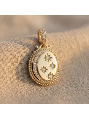 Zeino Ay Yıldız Zirkon Taşlı Madalyon Kolye Ucu - 14K Altın Kaplama - 28 mm