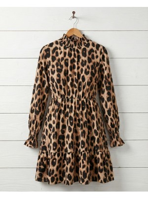 Ru Collective Kadın Uzun Kollu Yarı Balıkçı Yaka Leopar Desenli Modal Mini Elbise
