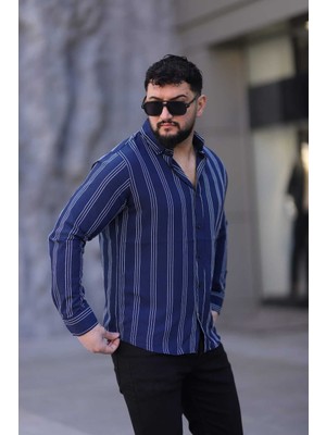 L-KOM Regular Çizgili Erkek Gömlek %100 Pamuk Rahat Kesim