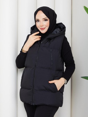 Comstar Kadın Fermuarlı Cepli Kapşonlu Siyah Şişme Yelek