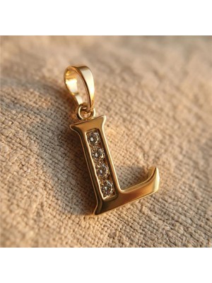 Zeino L Harfi Zirkon Taş Detaylı Kolye Ucu - 14K Altın Rengi Kaplama, 1,9 cm