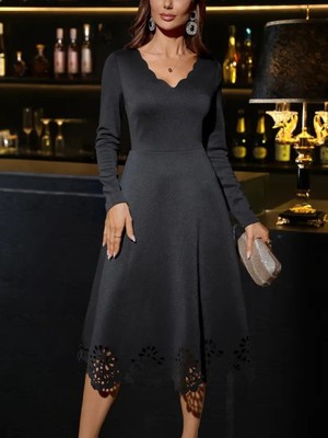 Ru Collective Kadın Uzun Kollu V Yakalı Lazer Kesim Detaylı Midi Ithal Krep Elbise