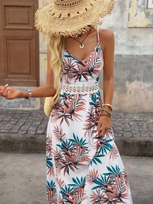 Ru Collective Kadın Ip Askılı V Yakalı Beli Dantelli Uzun Süprem Elbise