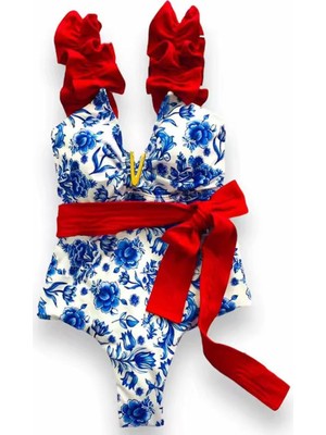 AGM Ayarlanabilir Askılı Astarlı Çıkarılabilir Pedli Balensiz Kadın Mayo , Kırmızı Fırfırlı Kurdeleli Mayo