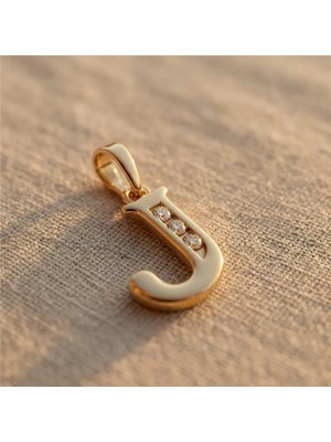 Zeino J Harfi Zirkon Taş Detaylı Kolye Ucu - 14K Altın Rengi Kaplama, 1,9 cm