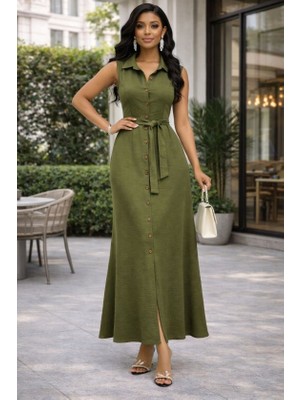 Ru Collective Kadın Önden Düğmeli Beli Kuşaklı Maxi Boy Aerobin Kumaş Gömlek Elbise