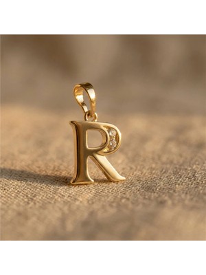 Zeino R Harfi Zirkon Taş Detaylı Kolye Ucu - 14K Altın Rengi Kaplama, 1,9 cm