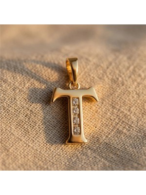 Zeino T Harfi Zirkon Taş Detaylı Kolye Ucu - 14K Altın Rengi Kaplama, 1,9 cm