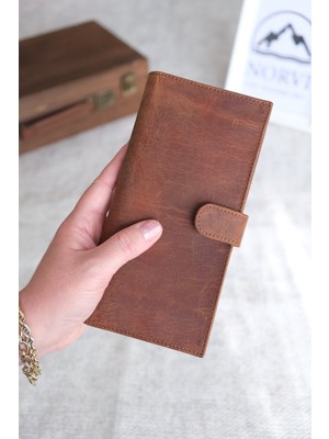 Norvi Leather Çıtçıtlı Telefon Bölmeli Hakiki Deri Cüzdan Fındık Renk 1180