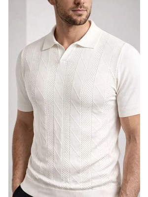 Erkek Yazlık Triko Dokuma Tişört Kısa Kol Polo Yaka T-Shirt - Beyaz