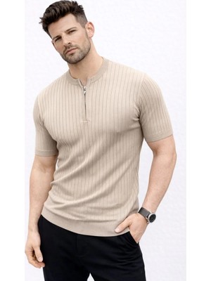 Erkek Kısa Kol Fitilli Triko T-Shirt Yazlık Hakim Yaka Tişört - Bej
