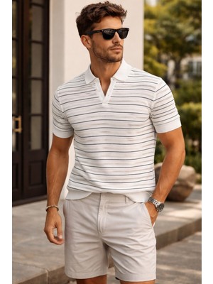 Tarz Cool Erkek Çizgili Triko Slim Fit Polo Yaka T-Shirt