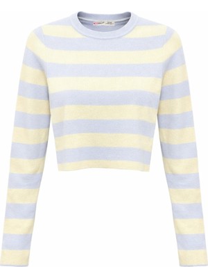 Mixray 6644 Kadın Bisiklet Yaka Çizgili Kazak Bebe Mavi