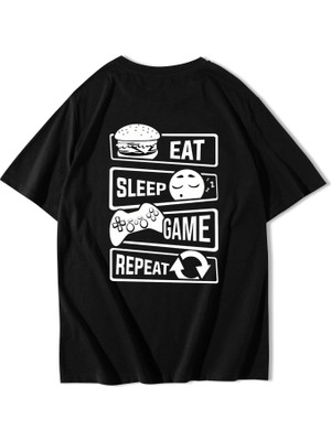 Brz Collection Unisex Oversize Eat - Sleep - Game - Repeat T-Shirt Siyah