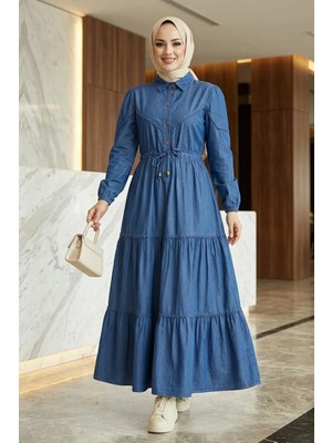 Kadın Dantel Detaylı Düğmeli ve Bağcıklı Koyu Mavi Kot Elbise