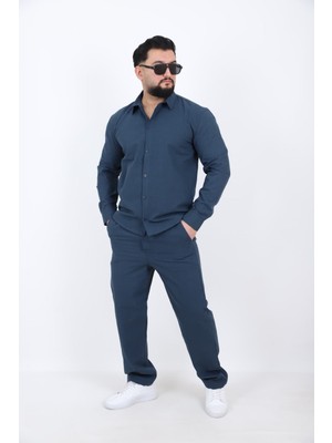 L-KOM Erkek Keten Gömlek Pantolon Takım