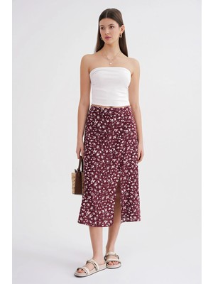 Mixray 4696 Kadın Yırtmaç Detaylı Çiçek Desenli Midi Dokuma Etek Bordo