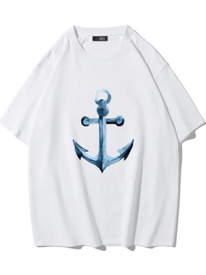 Brz Collection Unisex Oversize Denizci Çapa T-Shirt (Beyaz)