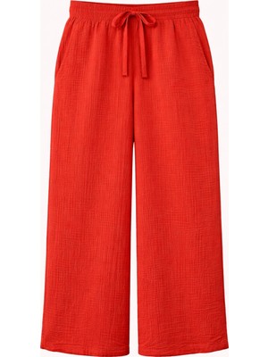 Mixray 4286 Kadın Bol Paça Beli Lastikli Müslin Palazzo Pantolon Kızılcık