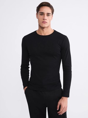 LC Waikiki Lcwaıkıkı Classic Siyah Bisiklet Yaka Uzun Kollu Erkek Tişört