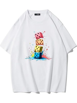 Brz Collection Unisex Oversize Zar Baskılı T-Shirt (Beyaz)