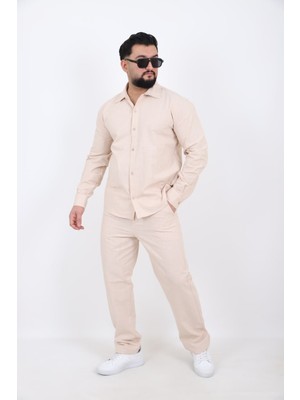 L-KOM Erkek Keten Gömlek Pantolon Takım