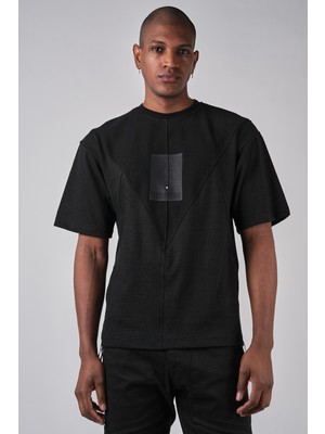 Ex-pent Erkek Dikim Detaylı Modelli Şeritli Regular Kalıp Baskılı Pamuklu Siyah T-Shirt