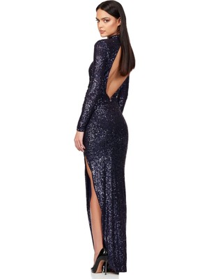 Hanife Glam Couture Hanife Glam Balıkçı Yaka Sırt Dekolteli Pullu Abiye Elbise