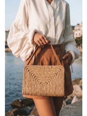 Marjin Kadın El Örgüsü Fermuarlı Clutch & Portföy El Çantası Yonti Taba Hasır
