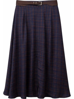 Mixray 4880 Kadın Kemer Detaylı Yırtmaçlı Ekose Etek Lacivert